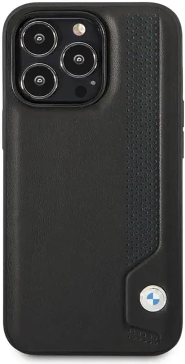 BMW Handyhülle für iPhone 14 Pro Max Signature Collection in Black Line und Dots, Echtleder-Schutzhü
