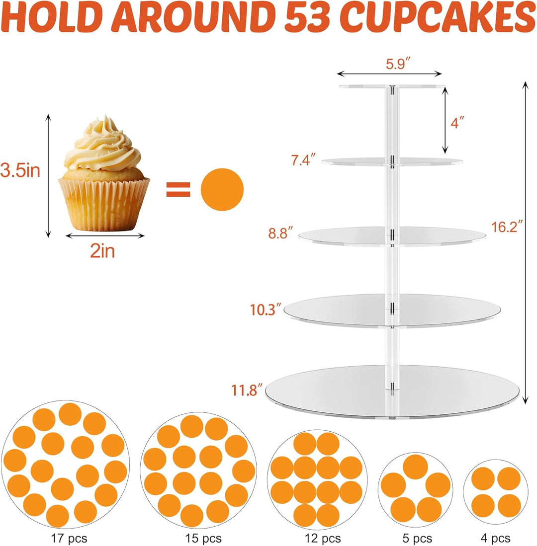weddingwish 5 Tier Runde Cupcake Stand für 50 Cupcakes, Acryl Cupcake Display Turm, klare Cupcake Ha
