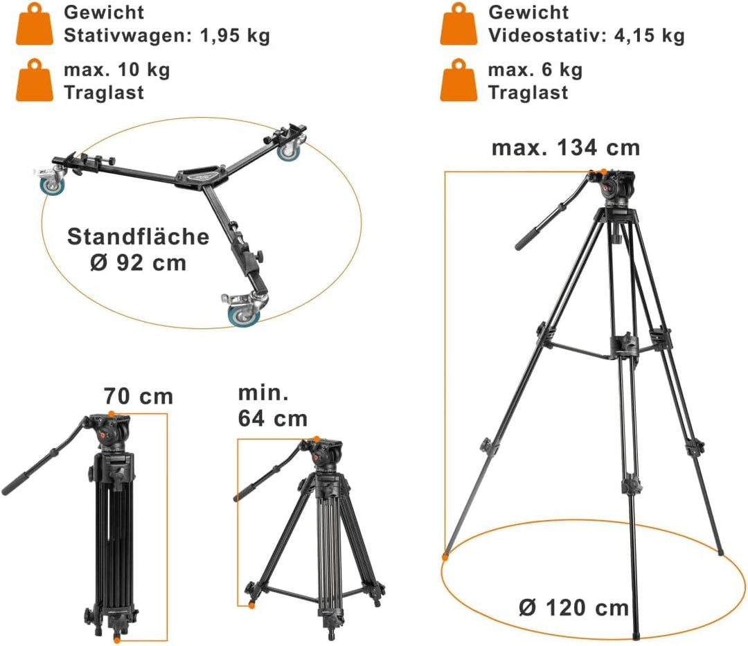 Walimex Pro EI-9901 Video-Pro-Stativ inkl. Stativwagen WT-600 (max. Höhe 138 cm, Videoneiger, Mittel