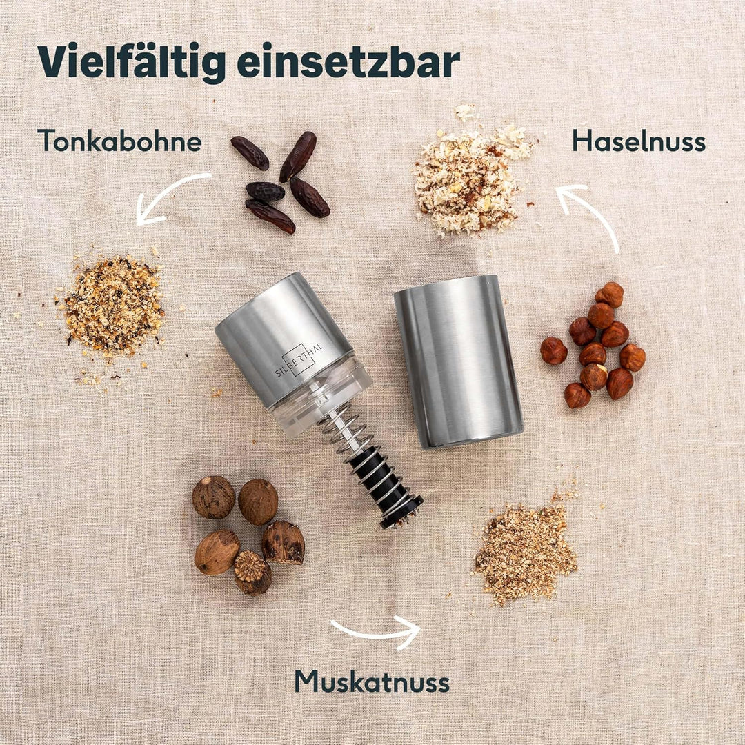 SILBERTHAL Muskatnuss Mühle für fein gemahlene Muskatnuss - Muskatreibe mit Aufbewahrung aus Edelsta