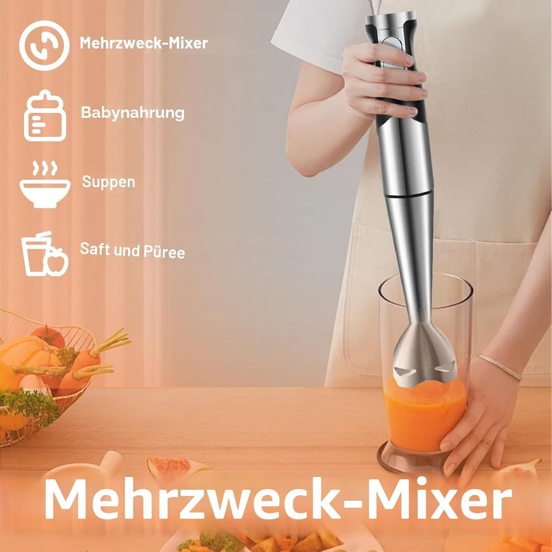 NWOUIIAY Handmixer Stabmixer Elektrischer 6-in-1 1200W Edelstahl Pürierstab mit 600ml Messbecher,Ede