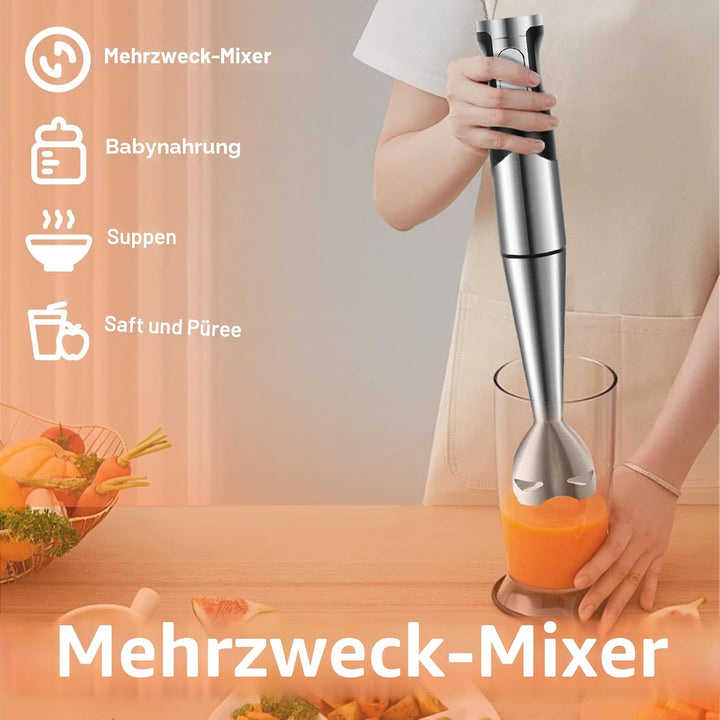 NWOUIIAY Handmixer Stabmixer Elektrischer 6-in-1 1200W Edelstahl Pürierstab mit 600ml Messbecher,Ede