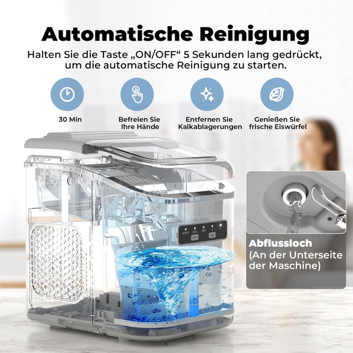Eiswürfelmaschine, Eiswürfelbereiter Ice Maker 9 Eiswürfel in 6-8 Minuten, 12kg in 24h, Selbstreinig