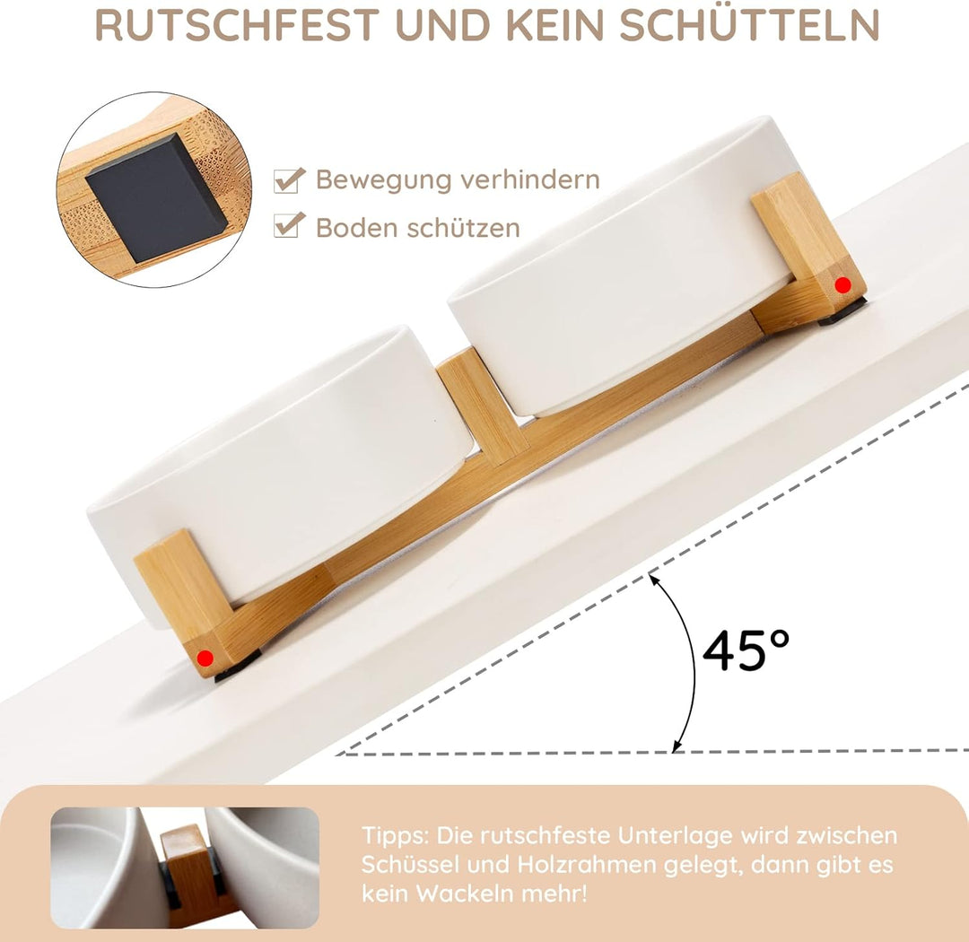SPUNKYJUNKY Hundenapf Keramik Doppel Hund Futternapf mit Bambus Ständer für Katzen und Hunde (400ml,