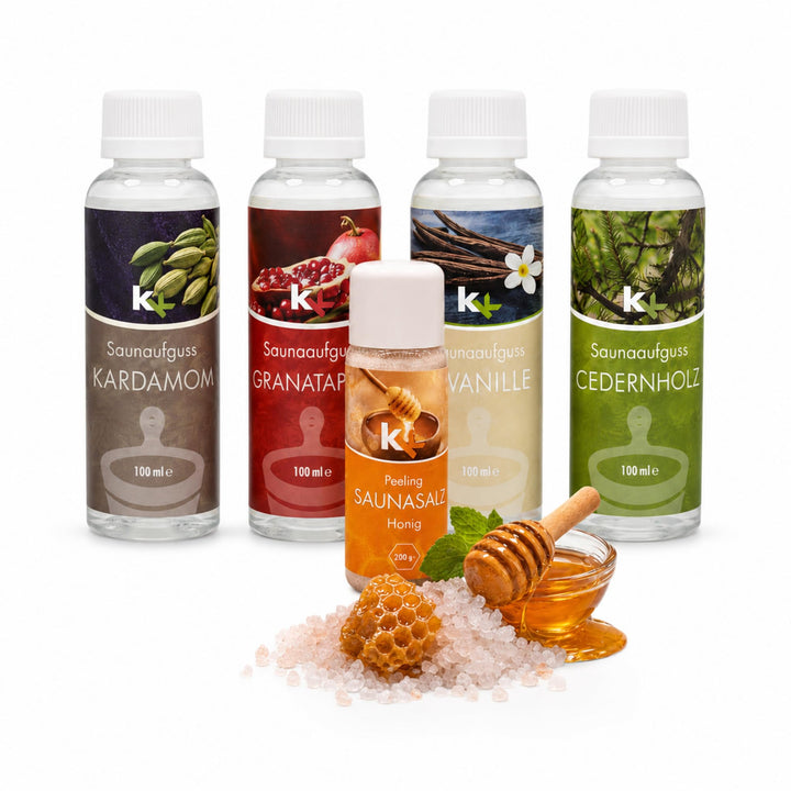 KK Sauna -Set mit Salz Peeling | KK Saunaaufgussset"Orient" 4 x 100 ml + 200 g KK Saunasalz"Honig" |