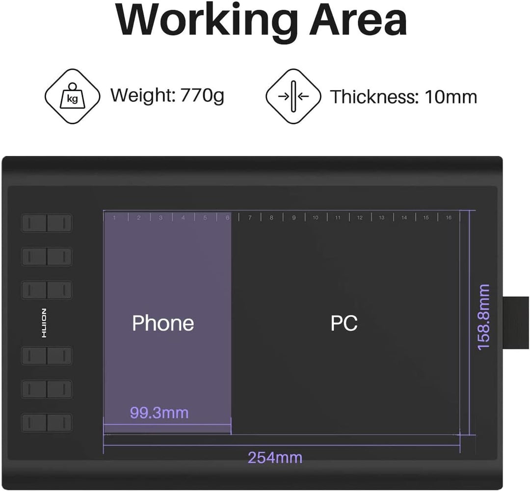 HUION H1060P Grafiktablett mit 10 x 6,25 Zoll Arbeitsbereich, Upgrade des Batterielosen Stifts, Unte