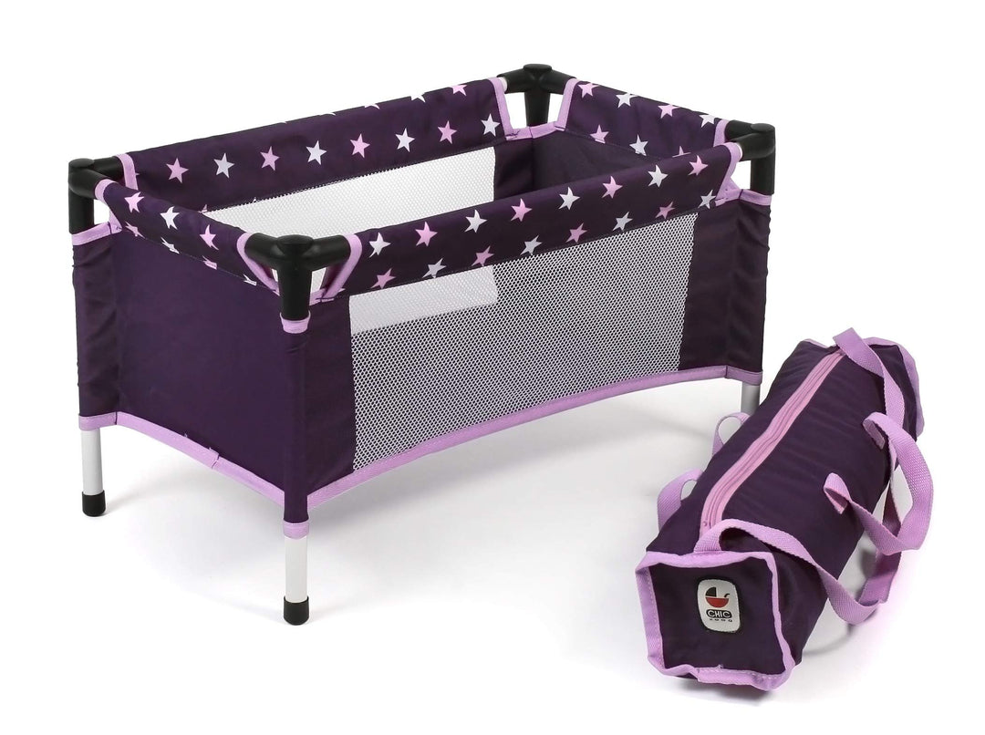 Bayer Chic 2000 Puppen-Reisebett | Stars Lila | Für Puppen bis 48 cm | Kompaktes Reisebett für Puppe