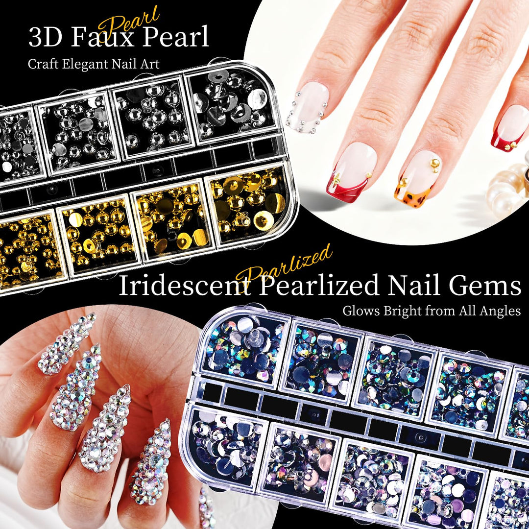JODSONE Nagelcharms, Nagel-Rhinestone-Set mit 6 Schachteln Rhinestones, 12 Nagelsticker in zwei Farb