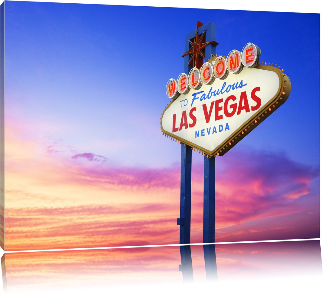 Las Vegas Schild in der Dämmerung Format: 100x70 auf Leinwand, XXL riesige Bilder fertig gerahmt mit