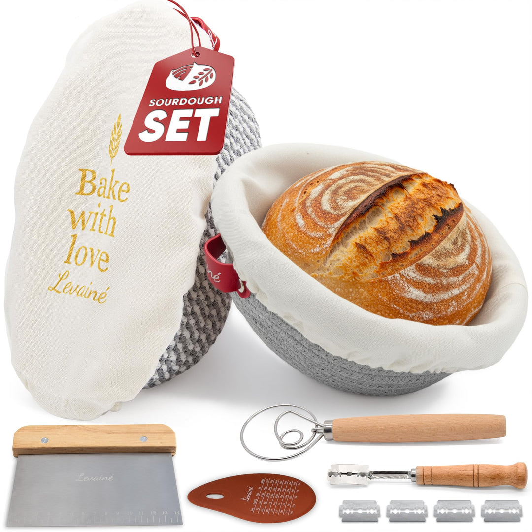 Levainé Sauerteig Starter Set mit Gärkörbchen Set (Rund & Oval) und Zubehör – Brot Backen Zubehör Se