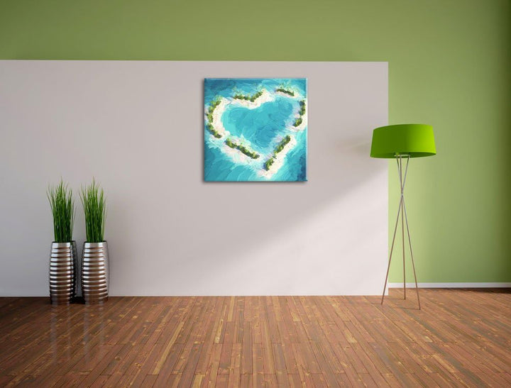 Pixxprint Herz geformt aus Inseln Pinsel Effekt, Format: 70x70 auf Leinwand, 70x70