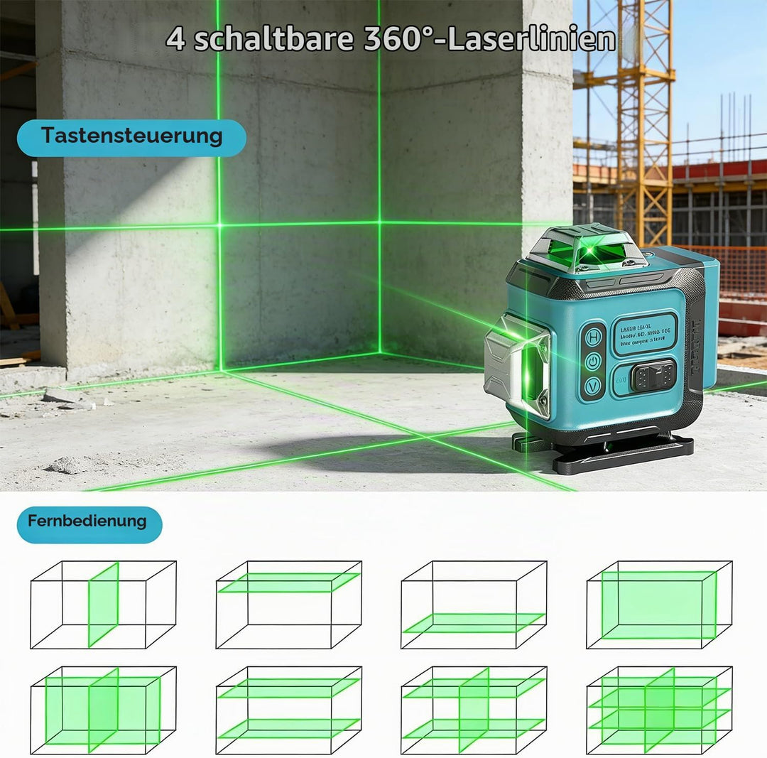 KARZU 16 Linien Kreuzlinienlaser Grün 4x360° – Ultra-stabiles Profi-Gehäuse, Selbstnivellierend, 2x