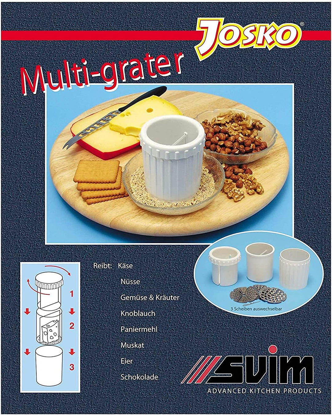 JOSKO Produkte Trommelreibe Käsereibe Reibemühle mit 3 Messer für feines mittleres und grobes Reibeg