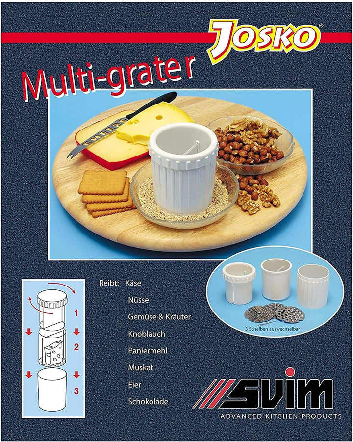 JOSKO Produkte Trommelreibe Käsereibe Reibemühle mit 3 Messer für feines mittleres und grobes Reibeg