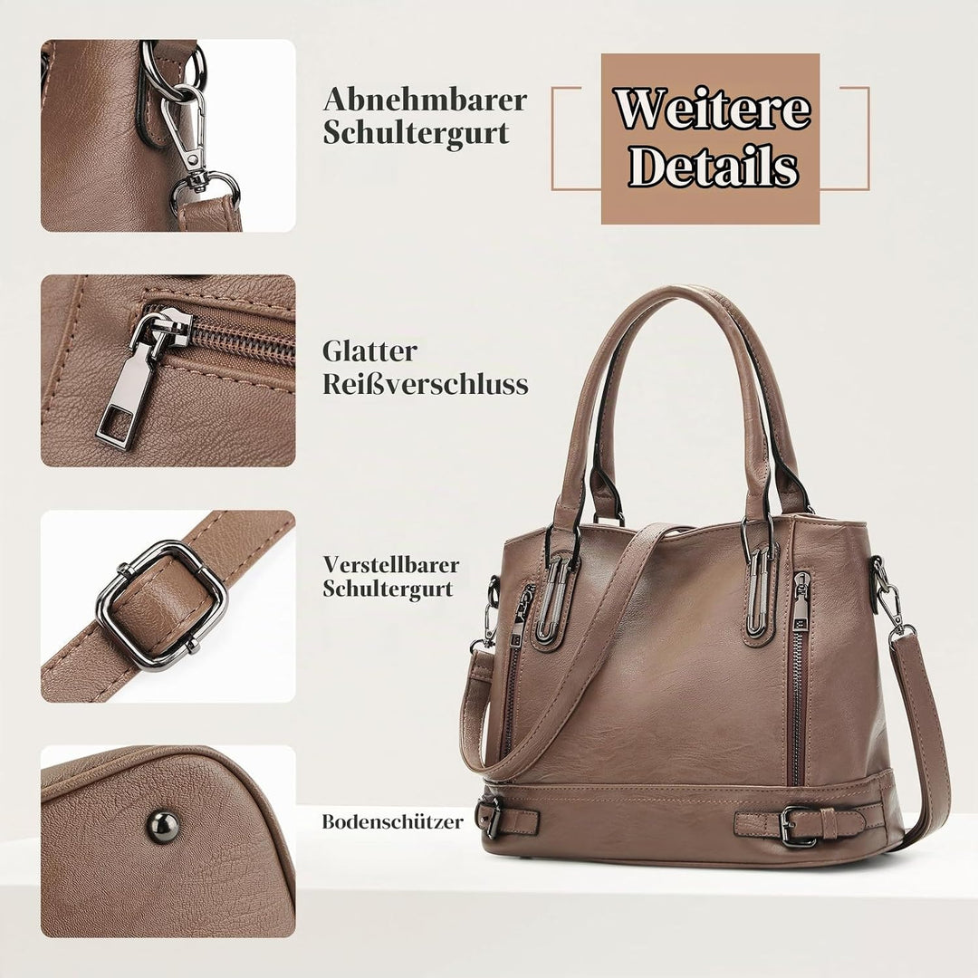 VINBAGGE Damen Handtasche PU Leder Henkeltasche Shopper Tasche Vintage Weiches Umhängetasche Schulte