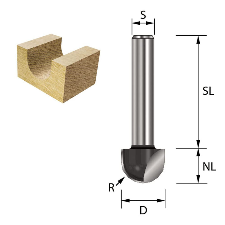 ENT 12368 Hohlkehlfräser HW, Schaft (S) 12 mm, Radius (R) 6,35 mm, D 12,7 mm, NL 9,5 mm, SL 40 mm, H