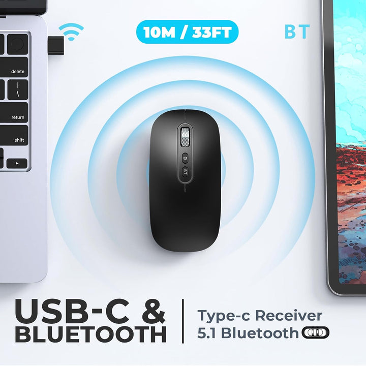 PINKCAT Maus Kabellose USB C, Wiederaufladbare Dual-Modus Mouse(Bluetooth5.1+USB C), Leise Bluetooth