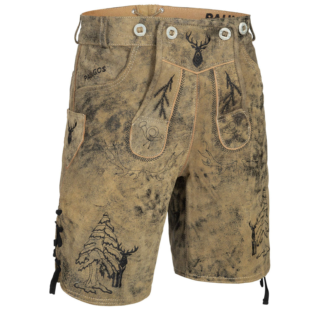PAULGOS Herren Trachten Lederhose HK5-ANTIK + Träger, Echtes Leder, Gr. 44-60, Krokodilgrün