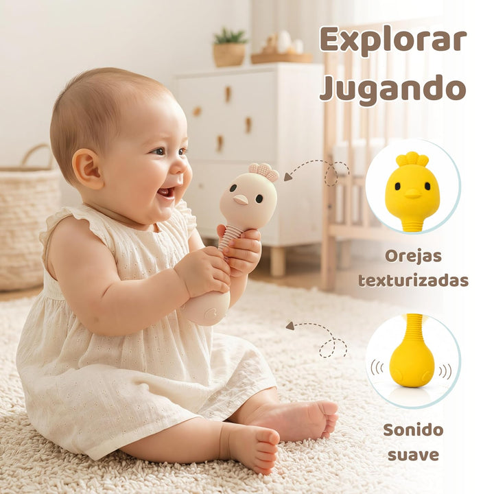 MuyPetit Rassel Giraffe und Beissring für Babys (Beiges Küken), Beiges Küken
