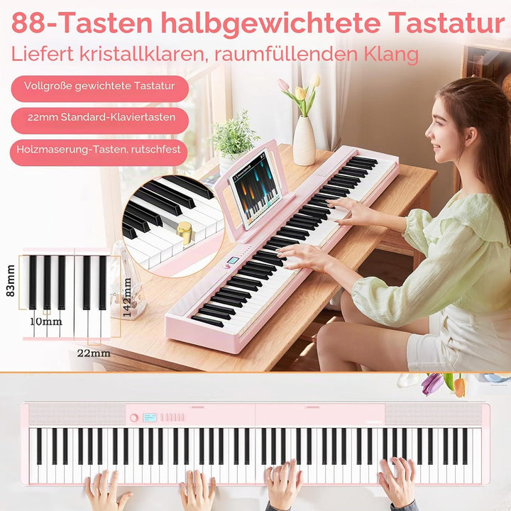 TERENCE Digitalpiano, Musikinstrument für Erwachsene, mit 88 gewichteten Tasten, 1800 mAh Akku, 2 x