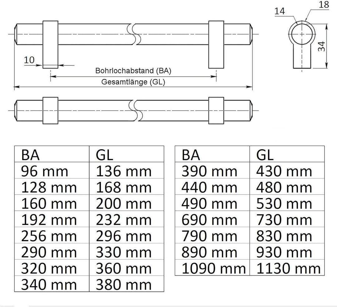 10 x SO-TECH® Relinggriff Schrankgriff G20 Edelstahloptik Ø 14 mm BA 128 mm (lieferbar 96 – 1090mm)