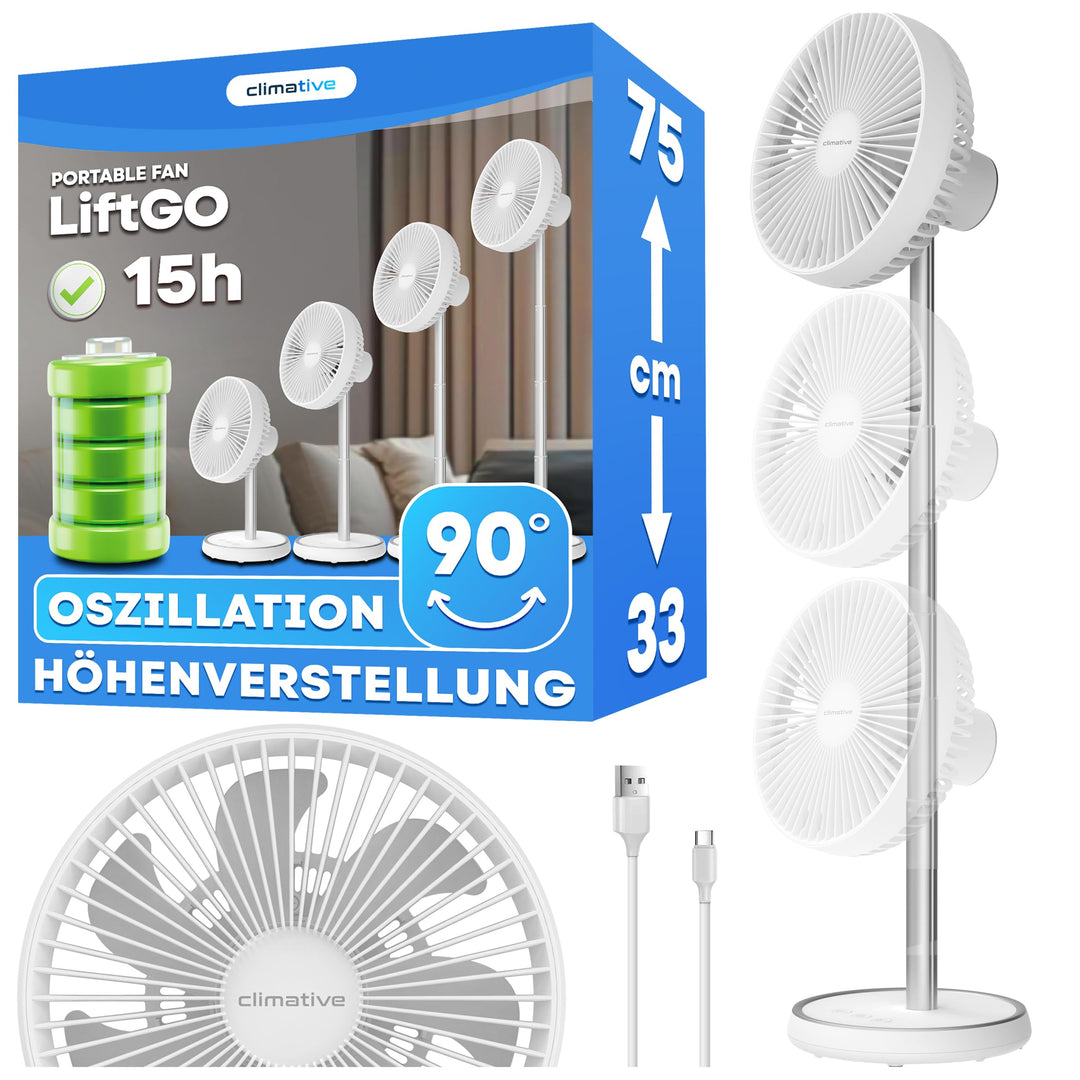 Ventilator Leise Tischventilator Akku Ø 20cm, 2in1 Höhenverstellbar 33-75cm LiftGo, 4000mAh, 15h, US