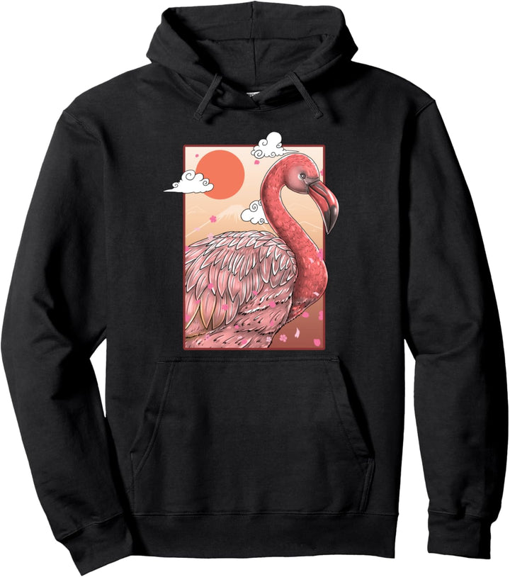 Pink Flamingo Bird Japanese Art Harajuku Retro Aesthetic Pullover Hoodie
