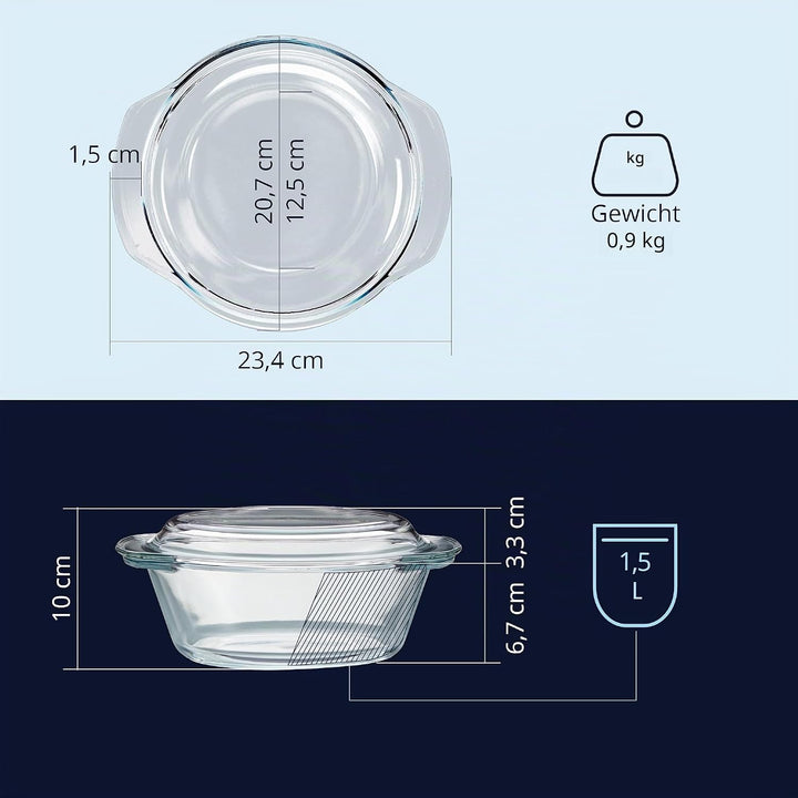 KHG Auflaufformen aus Glas mit Deckel 4er Set 1,5 Liter Rund für kalte & warme Speisen, spülmaschine