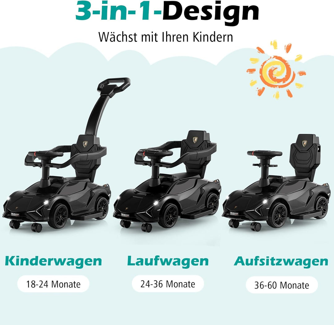 COSTWAY 3-in-1 Lamborghini Rutschauto, Schiebauto mit Scheinwerfern & Musik & Stauraum, Rutschfahrze