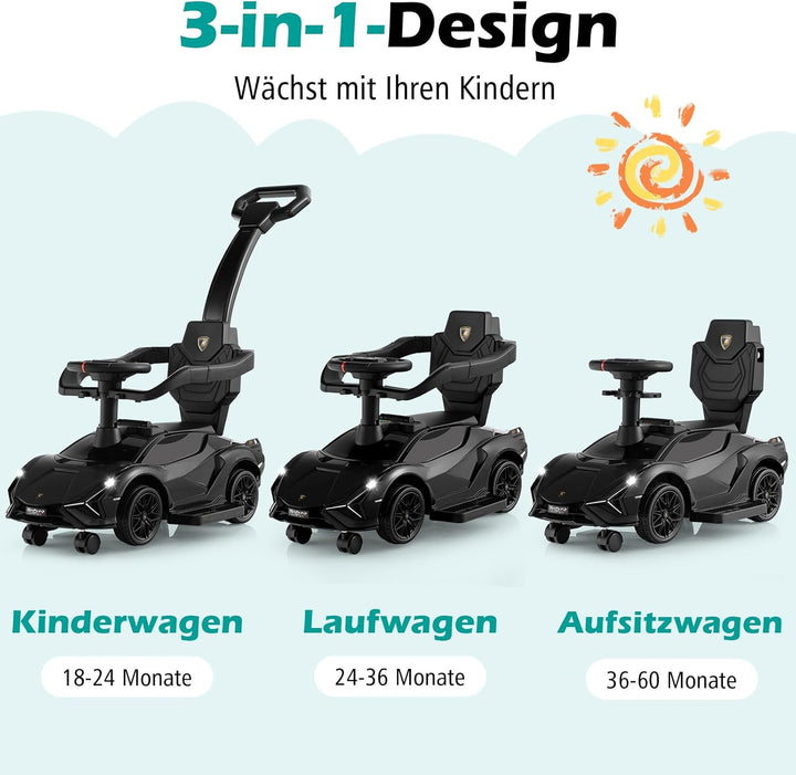 COSTWAY 3-in-1 Lamborghini Rutschauto, Schiebauto mit Scheinwerfern & Musik & Stauraum, Rutschfahrze