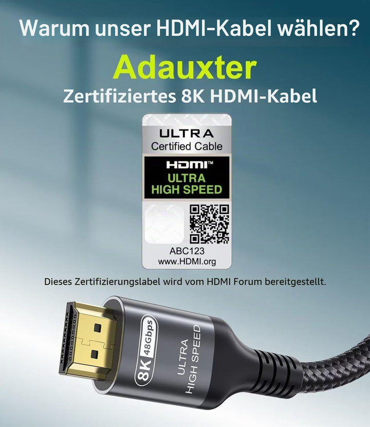 Adauxter 10K 8K HDMI 2.1 Kabel 7.5M, Zertifiziert 48Gbps Ultra High Speed HDMI Kabel mit Ethernet 4K