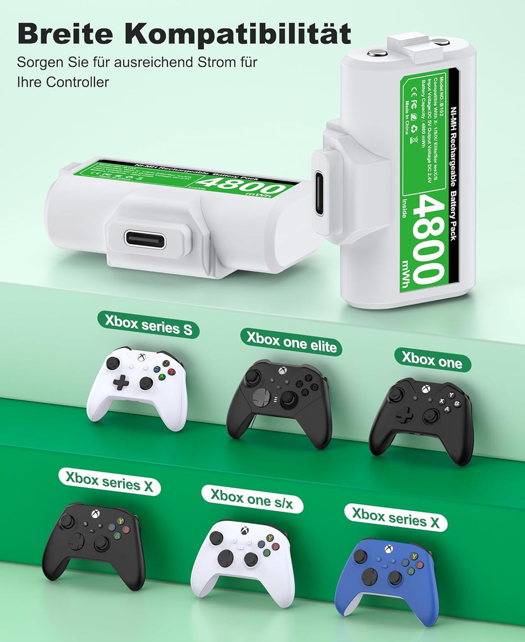 Akku für Xbox Controller, 2 x 3600mWh Wiederaufladbare Akku für Xbox Series X Controller, Akku mit 4