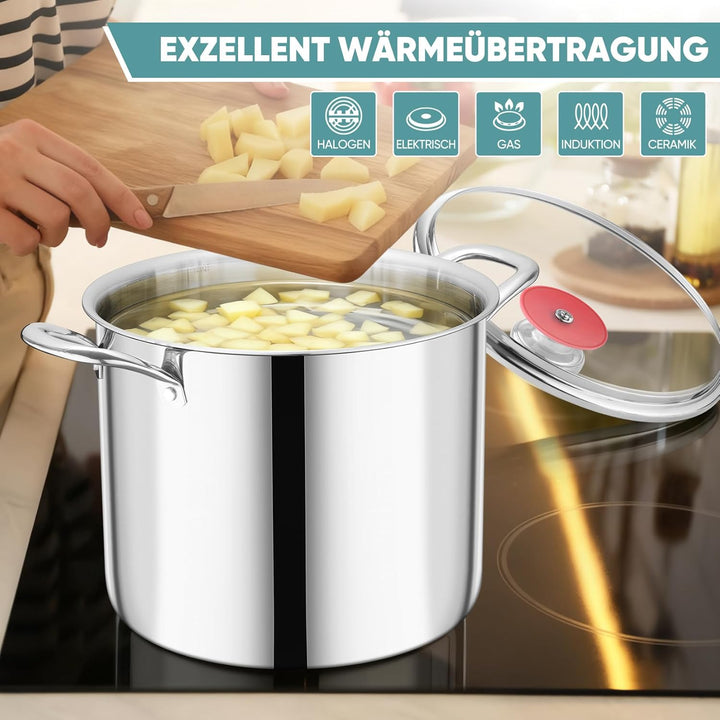 Kochtopf Gross 9,4 L, Onader 3-Lagen Edeastahl Topf Induktion, Kochtöpfe Nudeltopf Suppentopf mit Gl