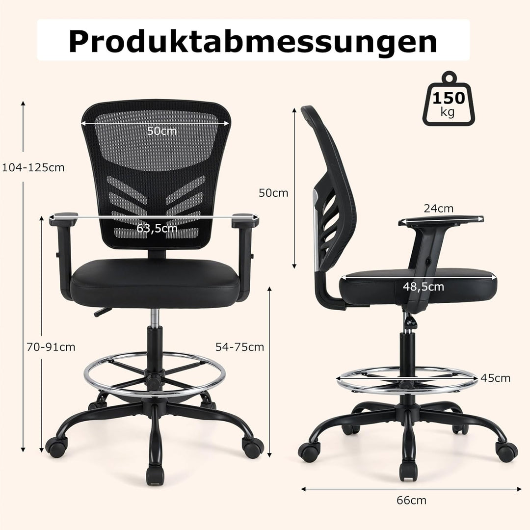COSTWAY Arbeitsstuhl, Bürostuhl mit verstellbaren Armlehnen und Fussstütze, Sitzhöhe 54-75 cm, Hoher