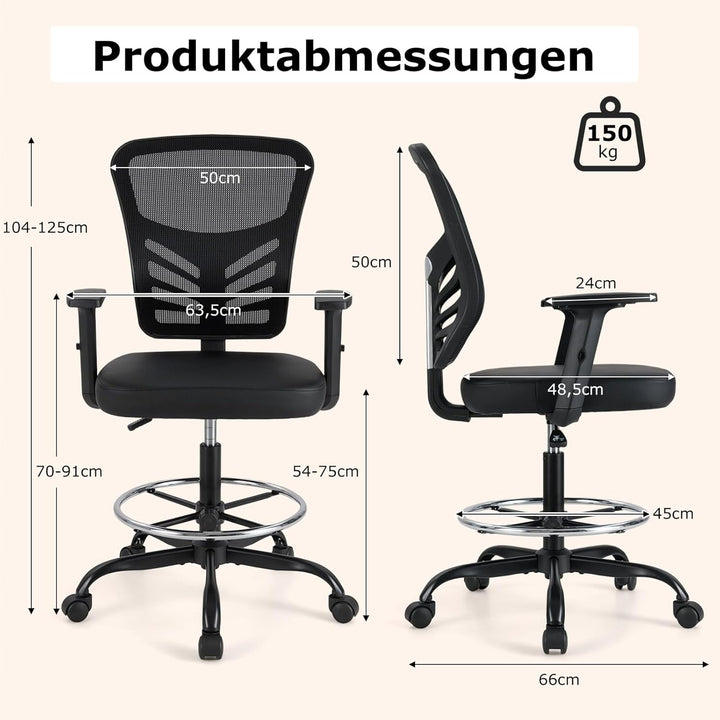 COSTWAY Arbeitsstuhl, Bürostuhl mit verstellbaren Armlehnen und Fussstütze, Sitzhöhe 54-75 cm, Hoher