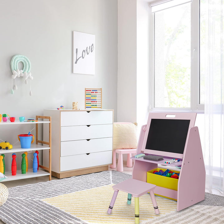 Relaxdays Kinderregal mit Tafel, Spielzeugregal mit 2 Fächern & Stoffbox, HBT: 84x52x45 cm, Spieltaf