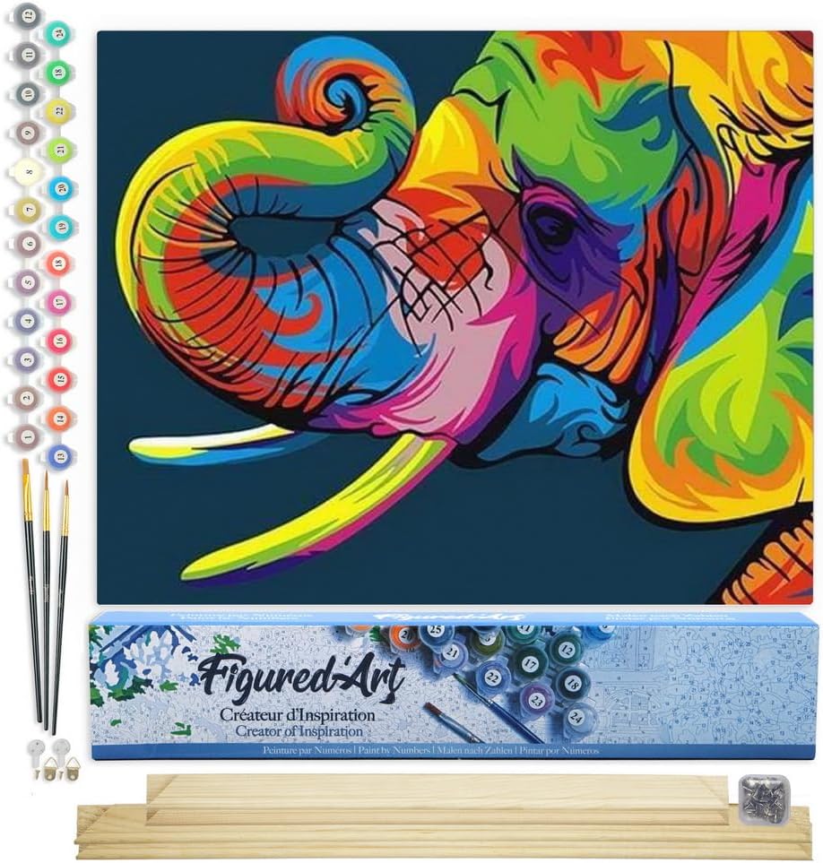 Figured'Art Malen Nach Zahlen Erwachsene Mit Rahmen Elefant Pop Art - Paint by Numbers Basteln DIY B