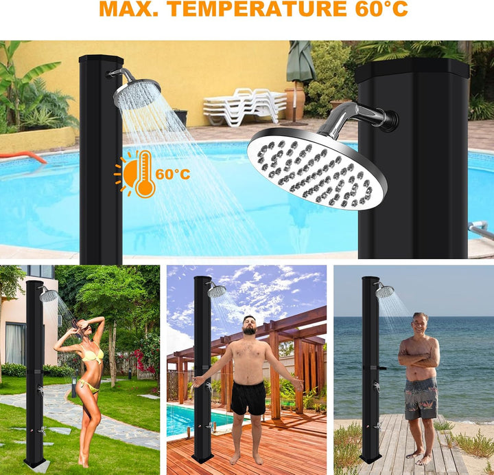 Gartendusche Solar 60 Liter, Solardusche Aussendusche mit 360° Regenduschkopf und Wasserhahn, Prämie
