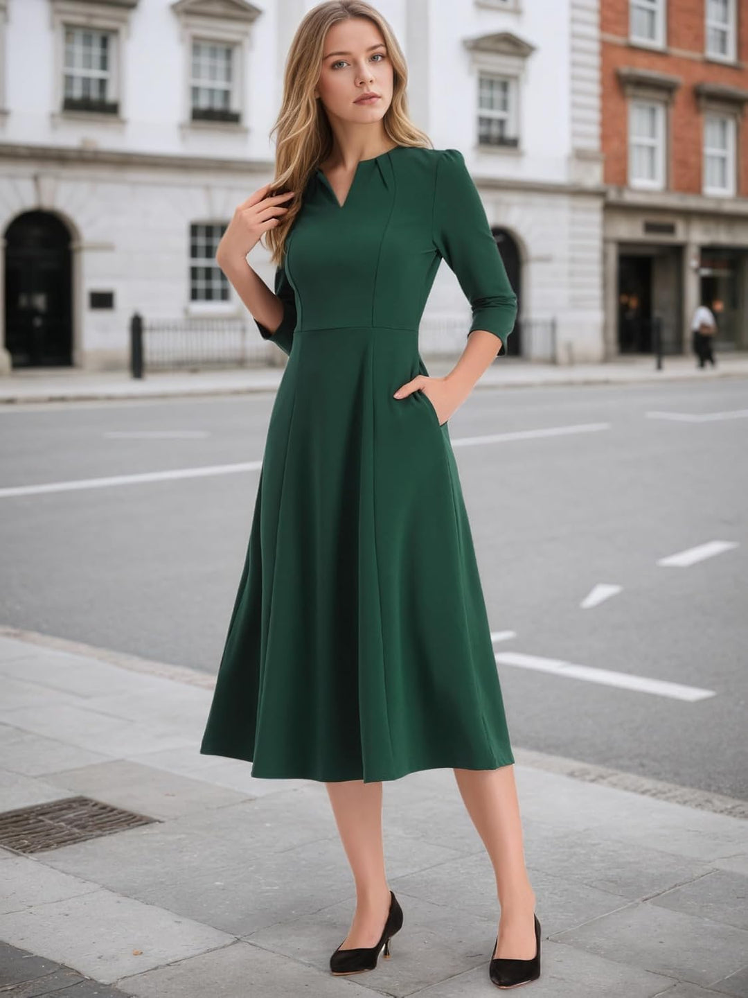Allegra K Damen 3/4-Ärmeln A-Linie V-Ausschnitt Kleid Taschen Arbeit Elegantes Midikleid Dunkelgrün