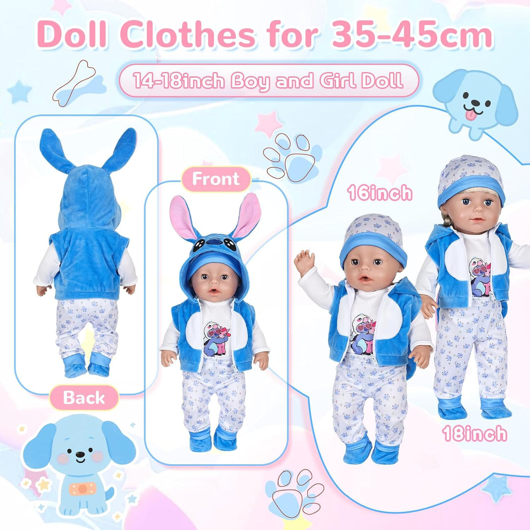 7 Stück Puppenkleidung, Blaue Kleidung Outfit für 35-43 cm Baby Puppen mit Jacke, Oberteil, Hose, Mü