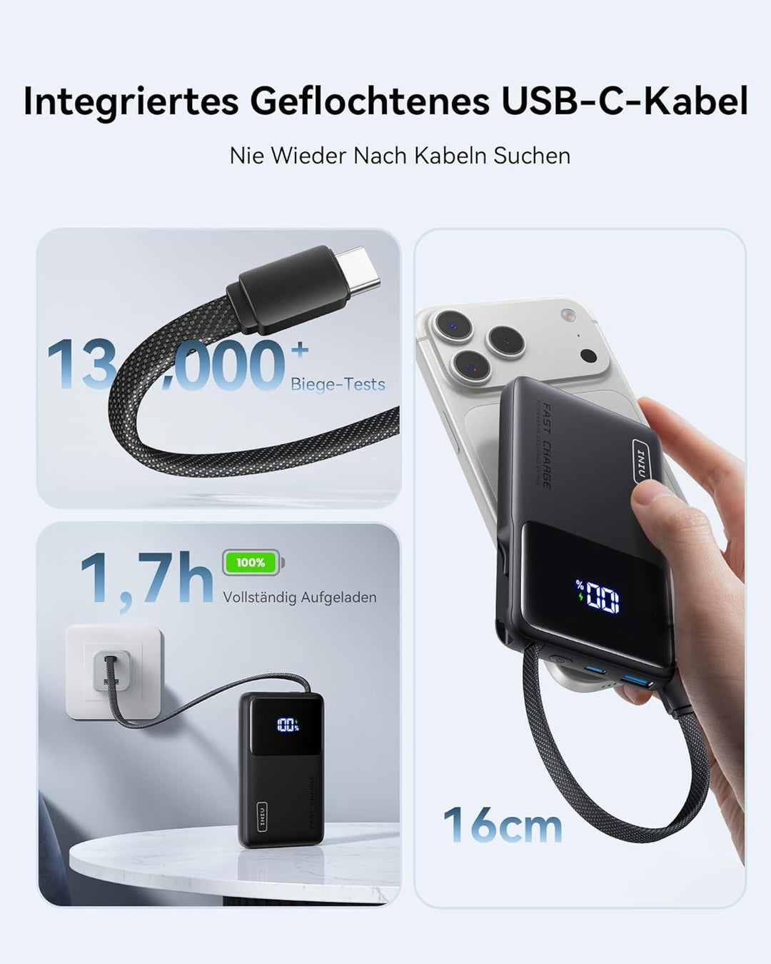 INIU 45W Power Bank, Ultra-dünn 10000mAh Externe Handyakkus mit Integriertem USB-C Kabel, Schnelllad