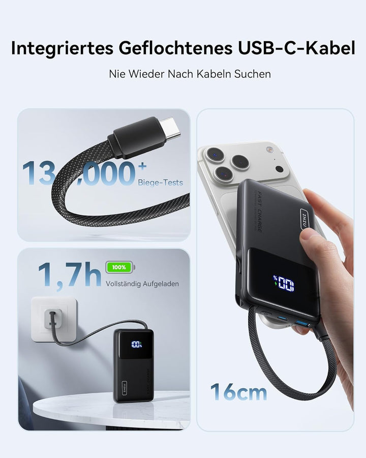 INIU 45W Power Bank, Ultra-dünn 10000mAh Externe Handyakkus mit Integriertem USB-C Kabel, Schnelllad