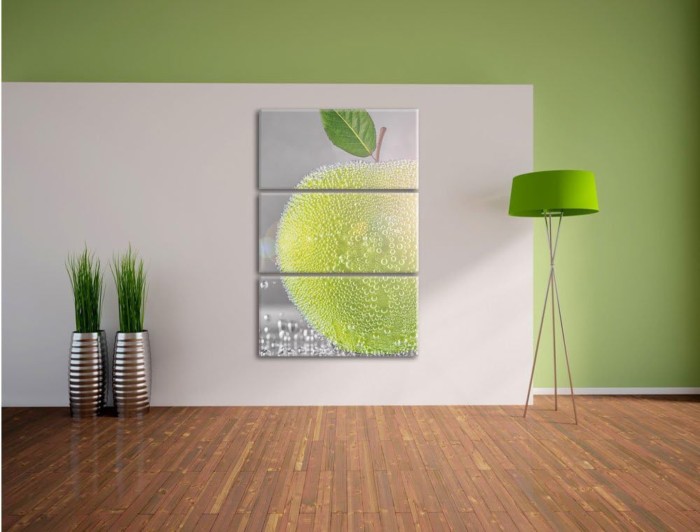 Pixxprint Grüner saftiger Apfel mit Wasserperlen 3-Teiler Leinwandbild 120x80 Bild auf Leinwand
