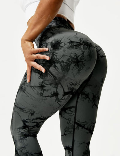 ZAAYO Damen Gym Leggings Sport Booty Scrunch Butt High Waist Seamless Yoga Hosen # A Tie Dye Schwarz