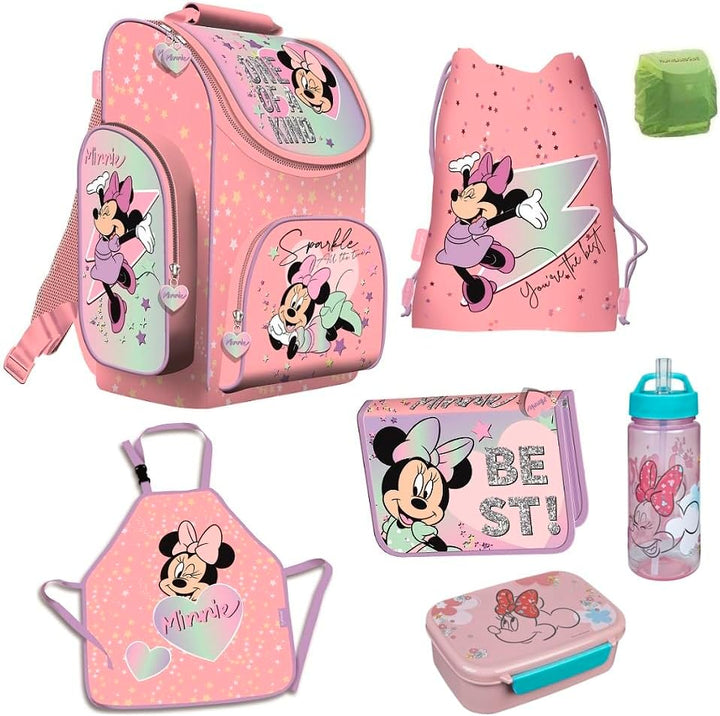Familando Minnie Maus Schulranzen-Set 7-TLG. Federmappe Sporttasche und Regenschutz rosa blau Minni