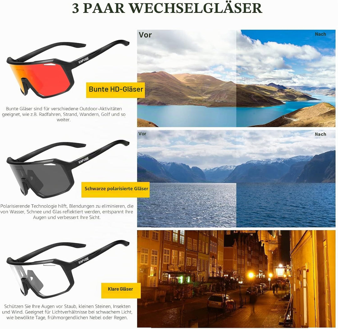 KAPVOE Fahrradbrille Polarisiert Herren Damen Sonnenbrille UV400 Schutz TR90 Rahmen Sportbrille Radf