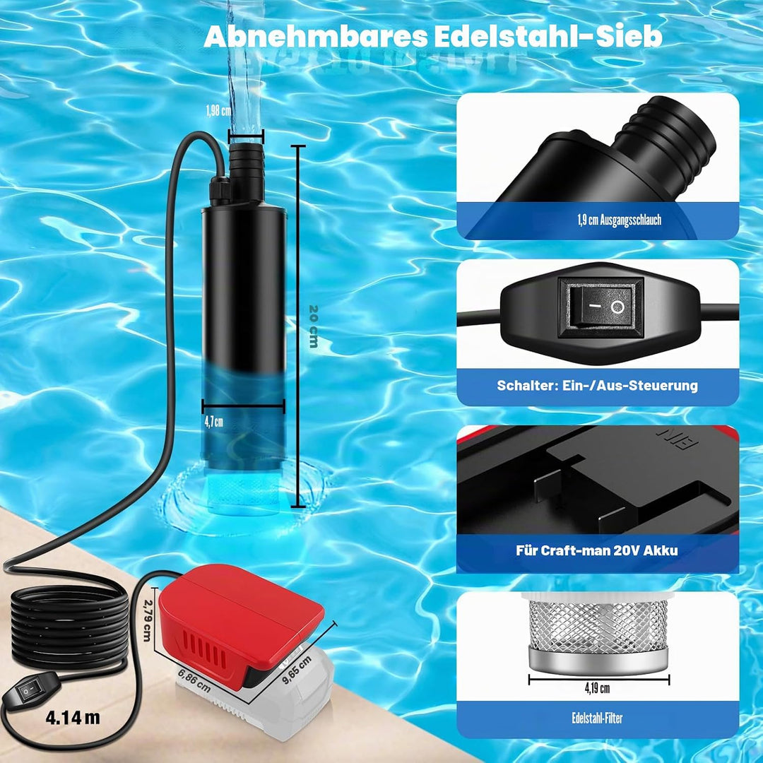 Tauchpumpe Kompatibel mit Einhell 18V Batterie, 30L/min, Lift 15FT, 120W angetriebene Wasserpumpe, T