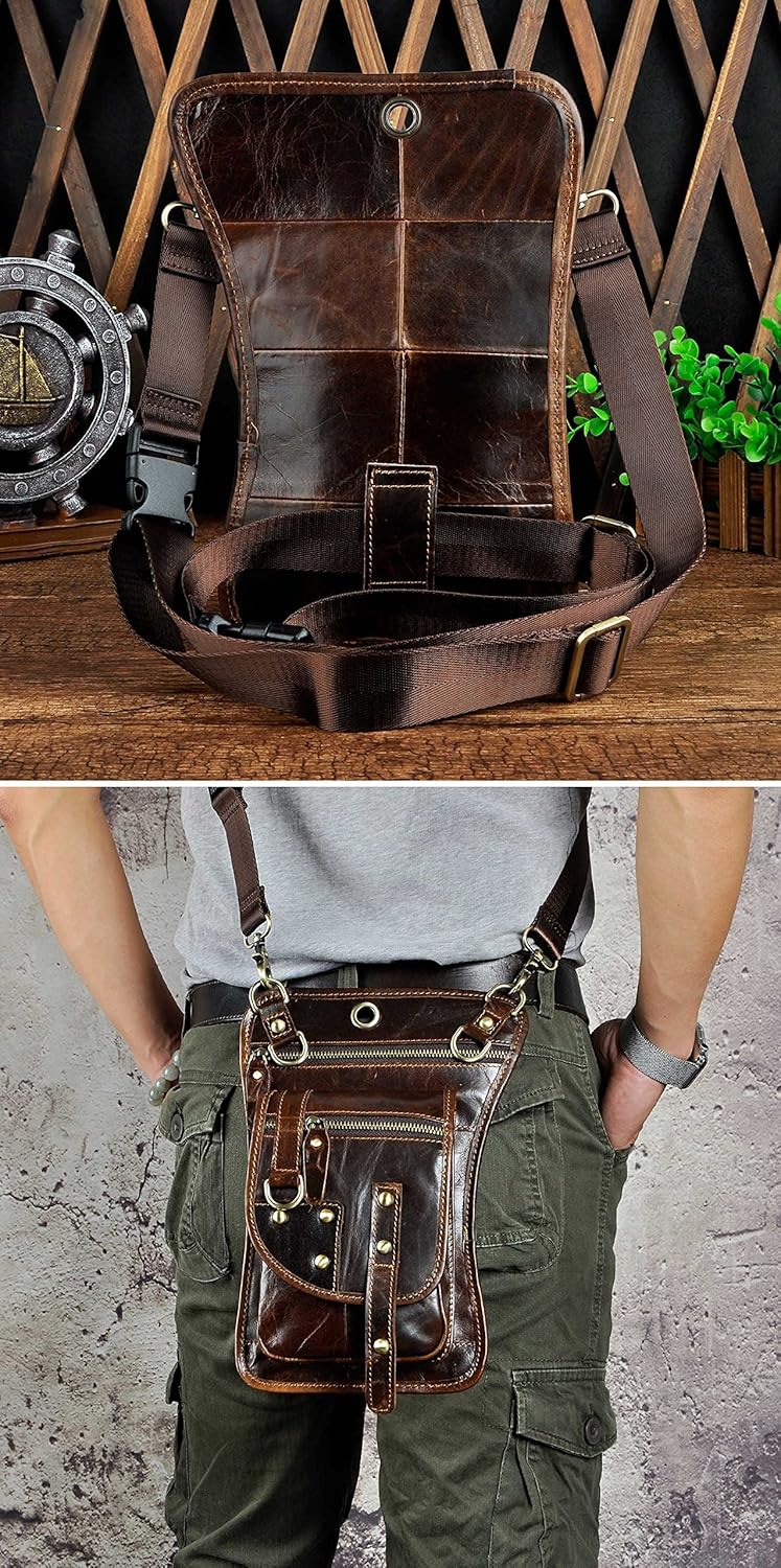 Le'aokuu Herren Echtes Leder Tasche Hüfttasche Gürteltasche Drop Leg Thigh Bag Hip Fanny Bum Belt We