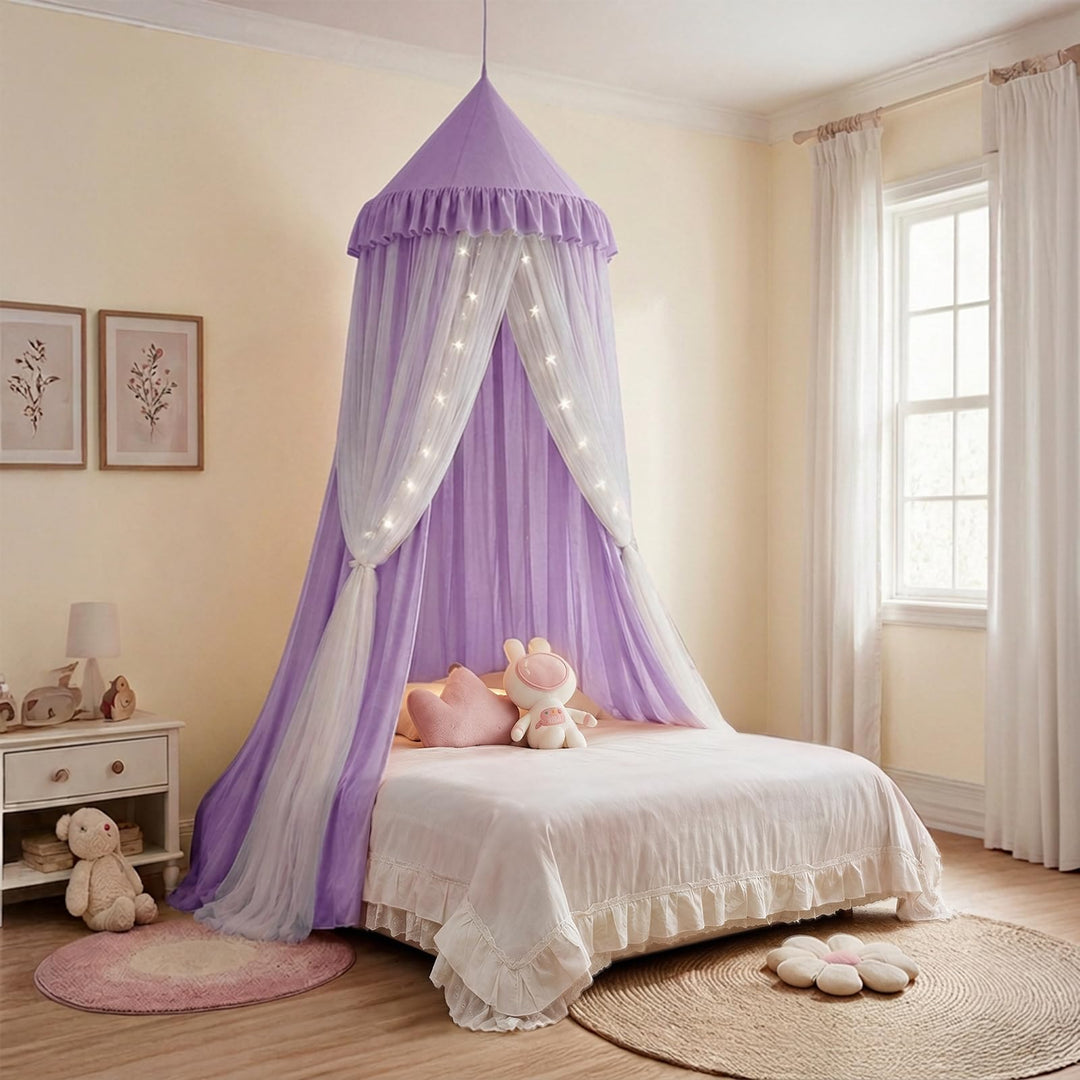Mallify Moskitonetz Betthimmel mit Sternenlichtern, atmungsaktiv &amp; waschbar Doppelte Lage Babybett B