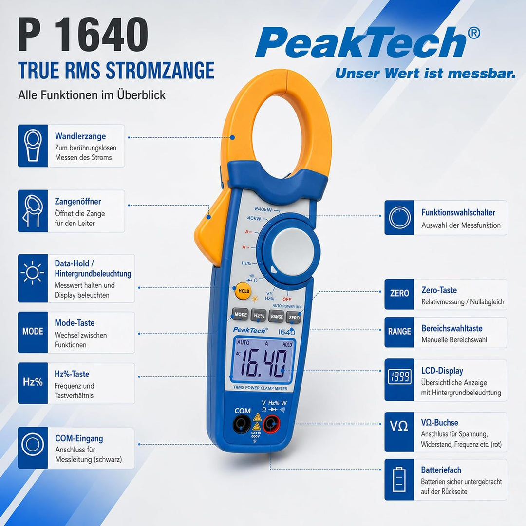 PeakTech True RMS Stromzange 1000A AC DC und Digital Multimeter 4000 Counts mit Durchgangsprüfer - C